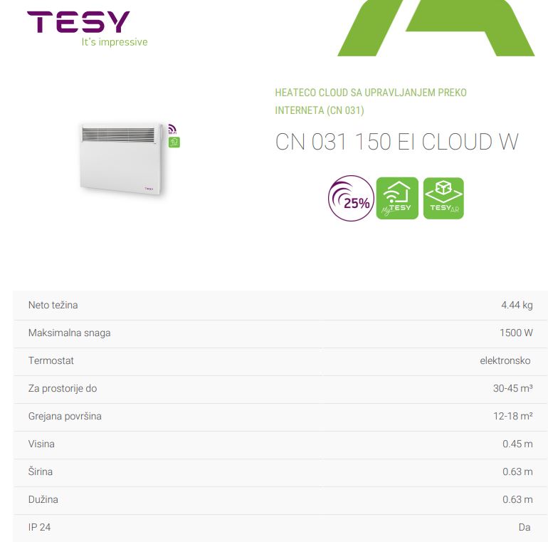 TESY CN 031 150 EI CLOUD W Wi-Fi pametni panelni radijator