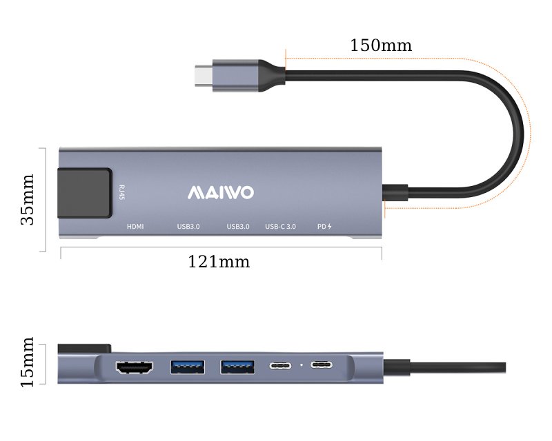 MAIWO USB 3.1 Tup-C 6 u 1 adapter USB3.0+HDMI+USB C PD+USB C DATA+RJ45, KH06RH