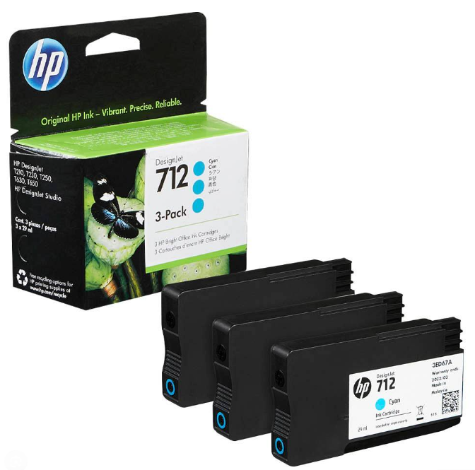 HP 712 3-Pack 29-ml Cyan DesignJet Ink Cartridge, 3ED77A