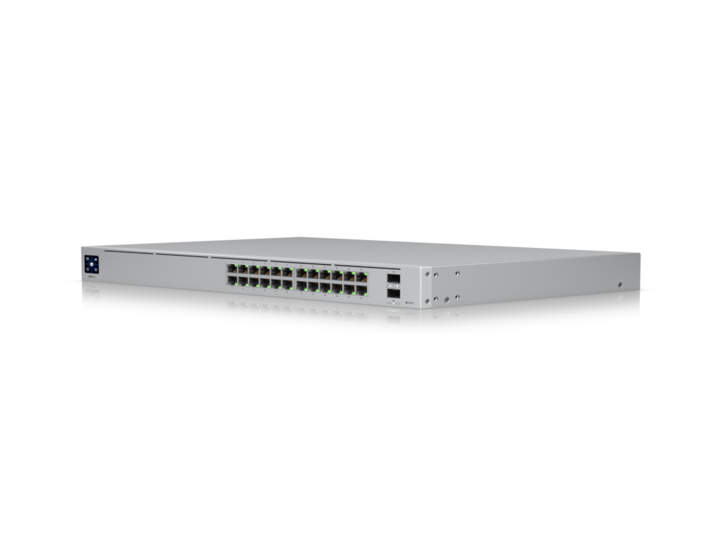 Ubiquiti 24-port, Layer 3 switch supporting 10G SFP+ connections with fanless cooling