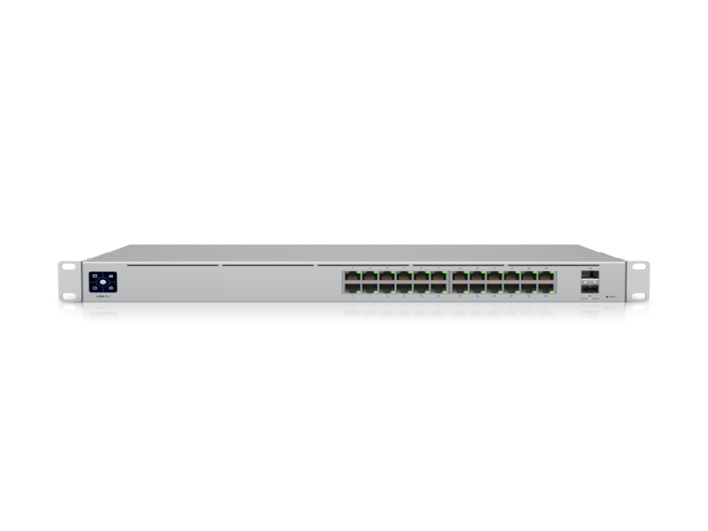 Ubiquiti 24-port, Layer 3 switch supporting 10G SFP+ connections with fanless cooling