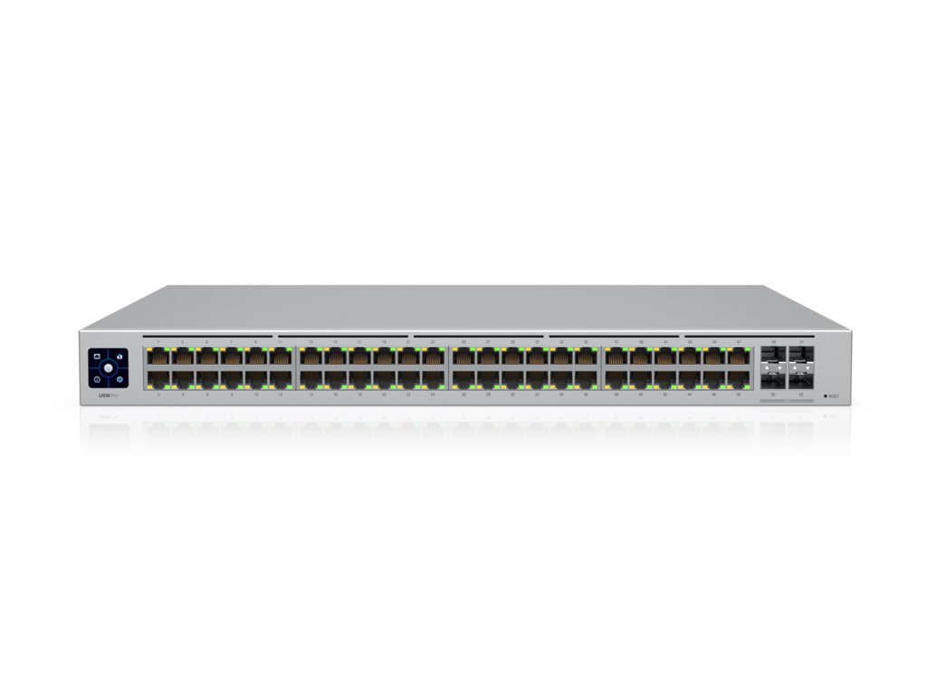 Ubiquiti 48-port, Layer 3 switch supporting 10G SFP+ connections with fanless cooling