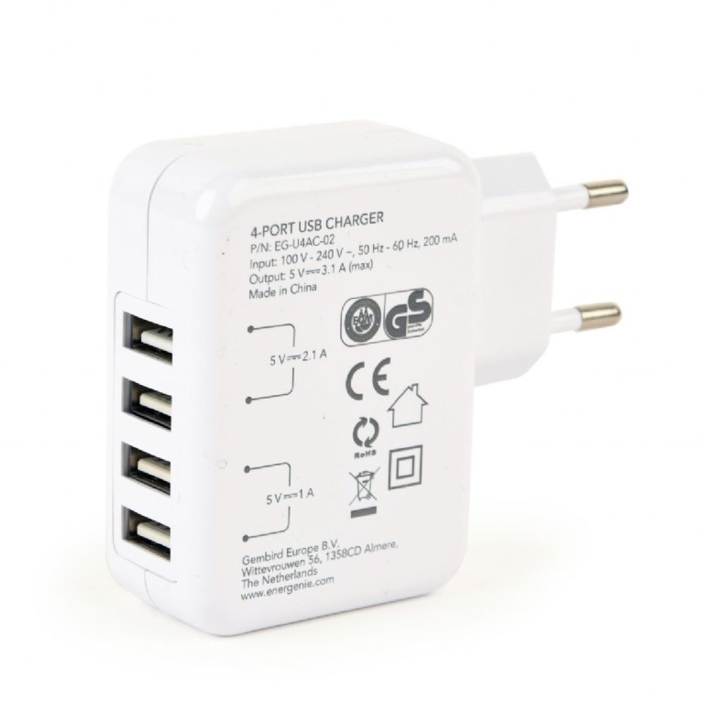 Gembird ENERGENIE 4-port Universal USB Charger, 3.1 A, White