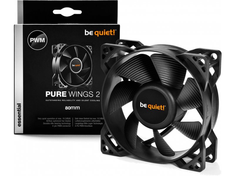 Pure Wings 2 80mm PWM, 1900rpm, Noise level 19.2 dB,  4-pin PWM connector, Airflow (26.3 cfm / 44.45 m3/h)