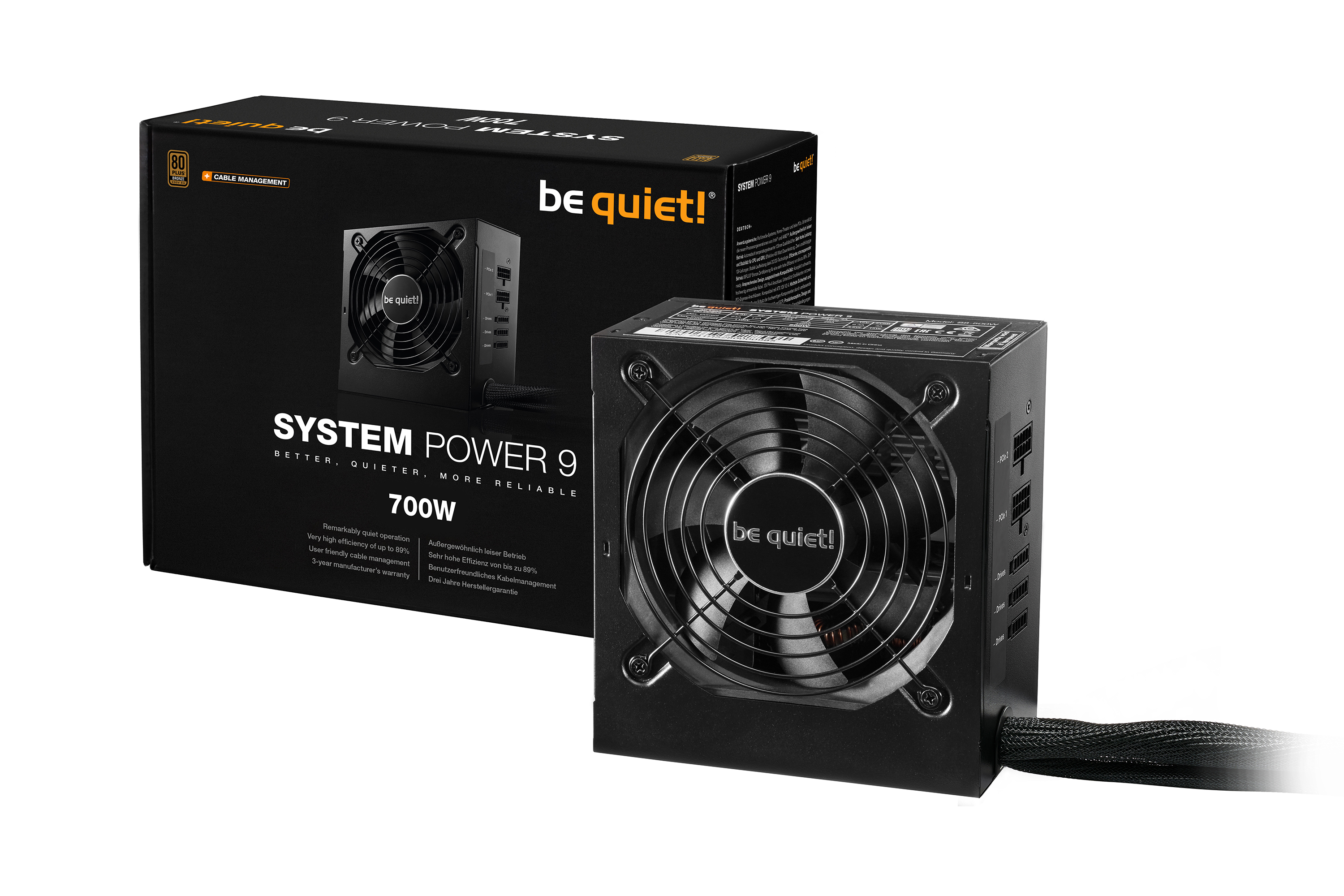 SYSTEM POWER 9 700W CM, 80 PLUS Bronze efficiency (up to 89%), DC-to-DC technology for tight voltage regulation, Temperature-controlled 120mm fan reduces system noise