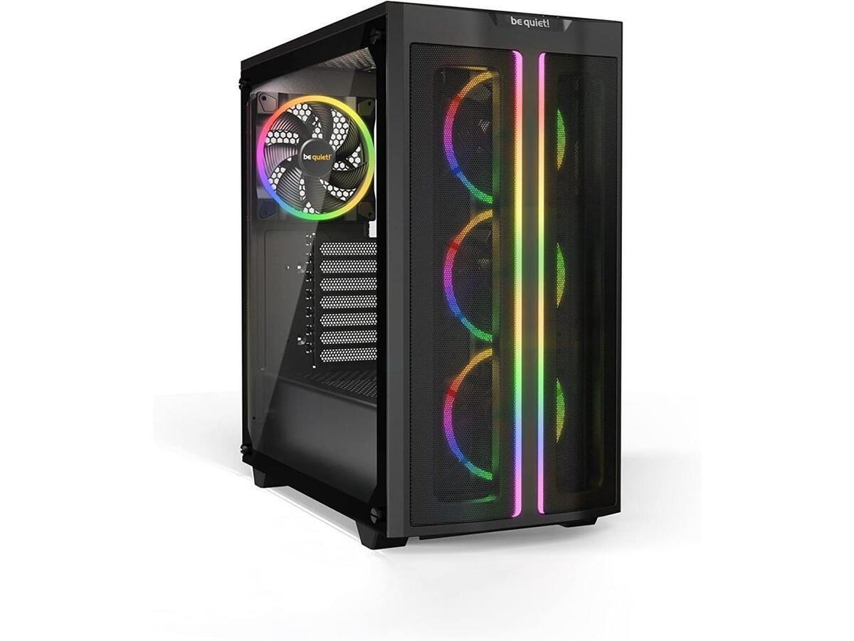 PURE BASE 500 FX Black, MB compatibility: ATX / M-ATX / Mini-ITX, ARGB lighting at the fans, the front and inside the case, ARGB-PWM-Hub, Four pre-installed be quiet! Lite Wings PWM fans, Ready for water cooling radiators up to 360mm