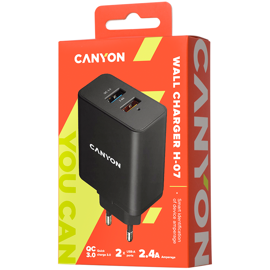 CANYON charger H-07 QC 3.0 3A/2USB-A Black,CNE-CHA07B