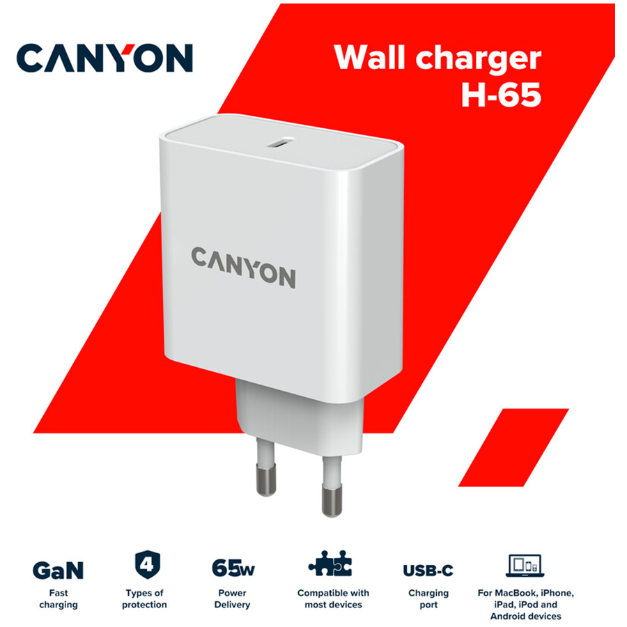 CANYON charger H-65 GaN PD 65W White,CND-CHA65W01