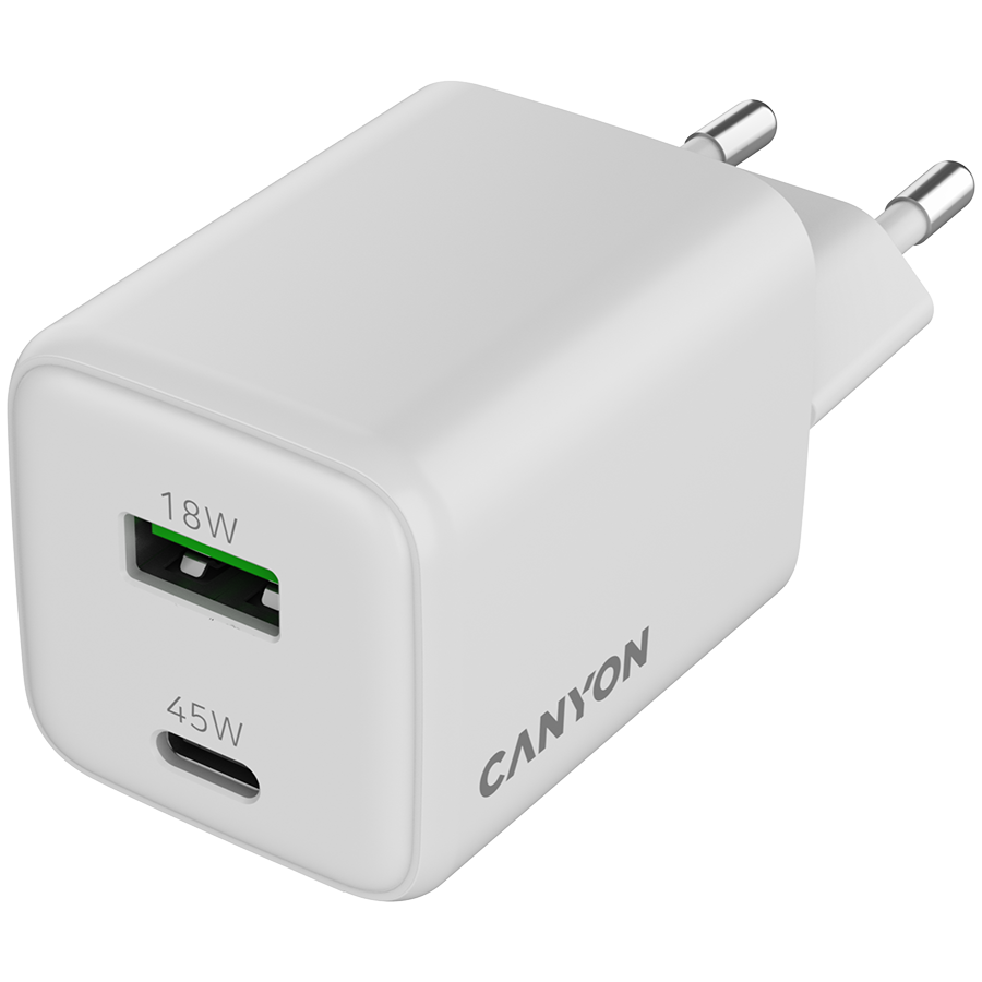 CANYON charger CU45AC GaN 45W 1xPD 1xQC EU White,CNS-CUW45AC
