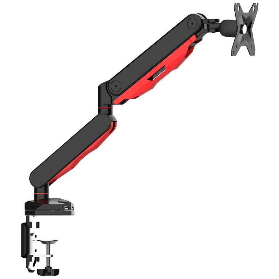 IIYAMA Gaming desk mount for single monitor with height adjustable gas spring. Deskmount with clamp or grommet. Monitor up to 9kg, VESA 75x75 or 100x100mmUSB ports (1x power only, 1x loop through USB) Red light effect in base