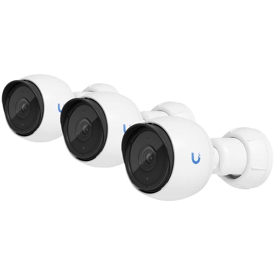 UBIQUITI G4 Bullet 3-pack; 2K (4MP) video resolution; Flexible 3-axis adjust mount; 9 m IR night vision; AI event detections; Record audio, integrated microphone; PoE; Weatherproof