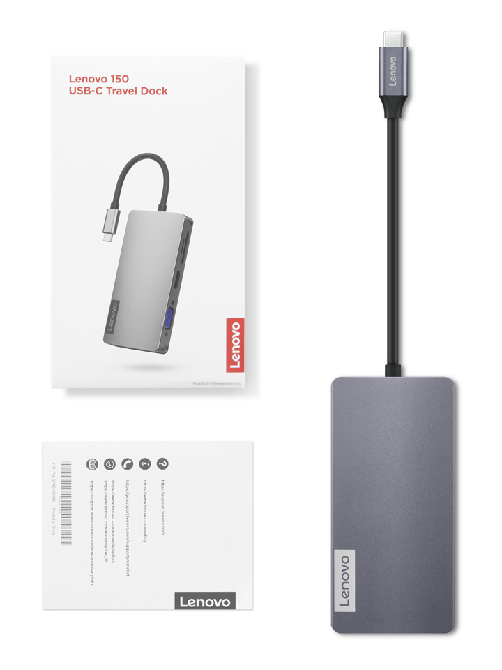 Lenovo 150 USB-C Travel Dock (1x HDMI, 1x VGA, 3x USB-A, 1x TF card reader, 1x SD, 1x RJ45 GigaLAN, USB-C power 100W)