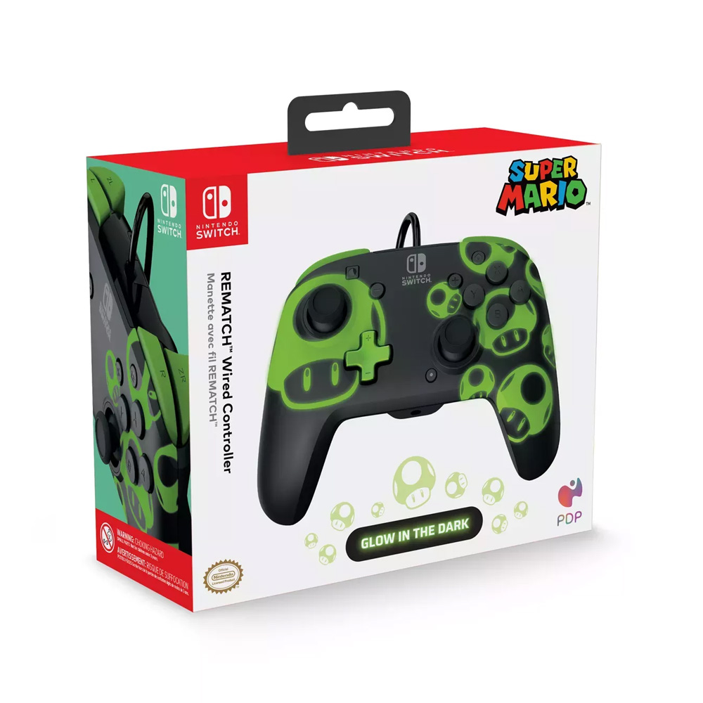 PDP Nintendo Switch Wired Controller Rematch - 1UP Glow in the Dark