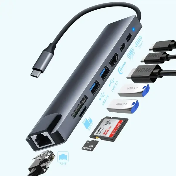 Zeus Adapter-konverter USB Tip C Zeus 11/1 1xUSB3.0/3xUSB2.0/HDMI/TF/SD/Audio/RJ45/VGA/Tip C PD