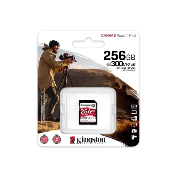 SD Card 256GB, Canvas React Plus Professional, SDXC Class10 UHS-II U3 V90, Up to 300MB/s read and 260MB/s write, for Full HD/2K/4K/8K