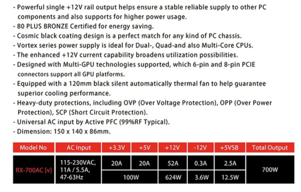 RAIDMAX Napajanje 700W Raidmax Vortex RX-700AC-V, Crno 80+ Bronze