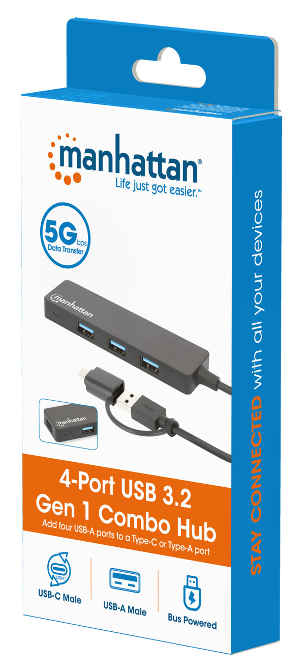 Manhattan USB-C HUB 4port Manhattan 180863 3.2 G1+USB-C/5Gbps/Crni
