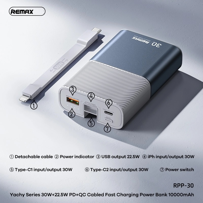 REMAX RPP-30 30W+22.5W Cabled Fast Charging Power Bank 10000mAh