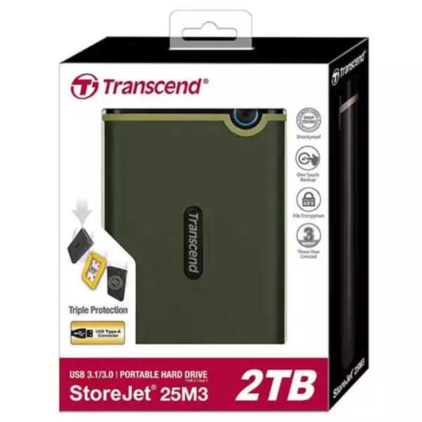 External HDD 2TB Slim form factor, M3G, USB 3.1, 2.5, Anti-shock system, Backup software, 185g, Military Green (Slim)