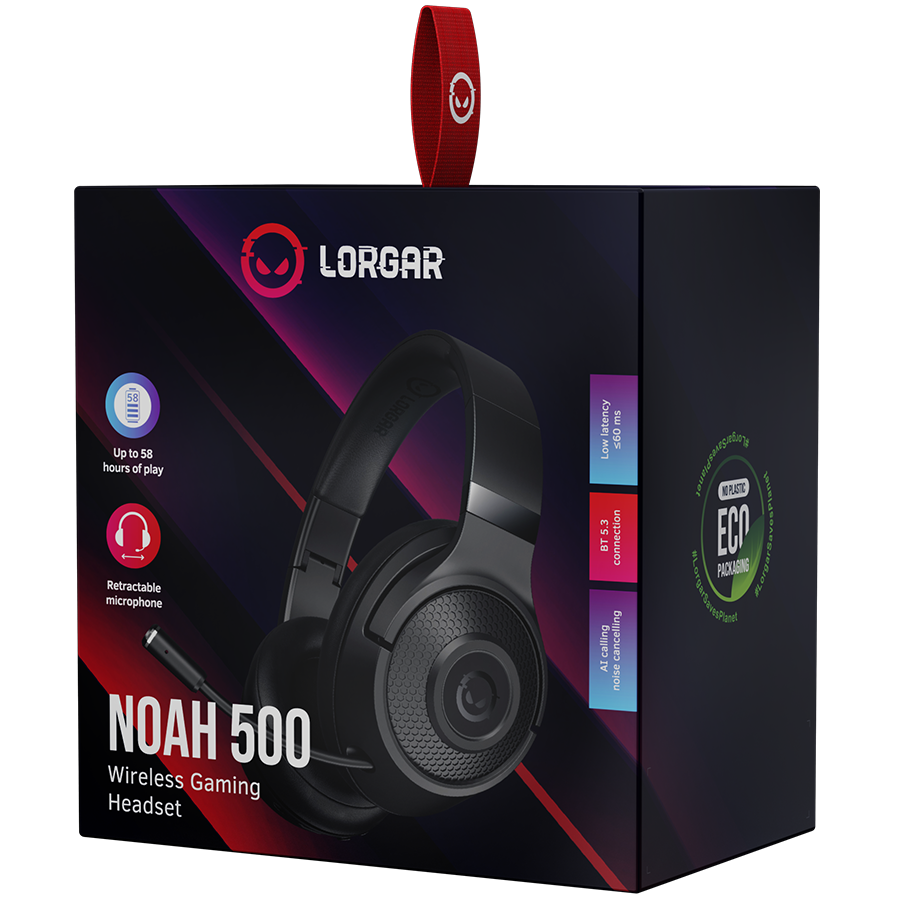 LORGAR Noah 500, Wireless Gaming headset with microphone, JL7006, BT 5.3, battery life up to 58 h (1000mAh), USB (C) charging cable (0.8m), 3.5 mm AUX cable (1.5m), size: 195*185*80mm, 0.24kg, black, LRG-GHS500