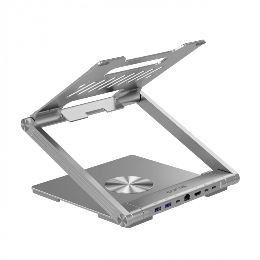 Canyon Laptop stands with hub, TYPE C F to HDMI2.0+2USB3.0+USBC3.0+RJ45+PD, TYEP C TO C cable 1m white with Emarker: HUSB332A, Material: Aluminum case+ABS+PS, Size: 245x240x27.2+/-0.3mm, Weight:1304g