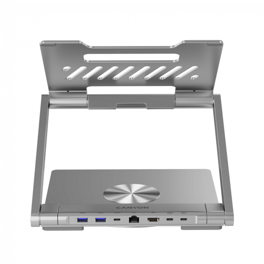 Canyon Laptop stands with hub, TYPE C F to HDMI2.0+2USB3.0+USBC3.0+RJ45+PD, TYEP C TO C cable 1m white with Emarker: HUSB332A, Material: Aluminum case+ABS+PS, Size: 245x240x27.2+/-0.3mm, Weight:1304g