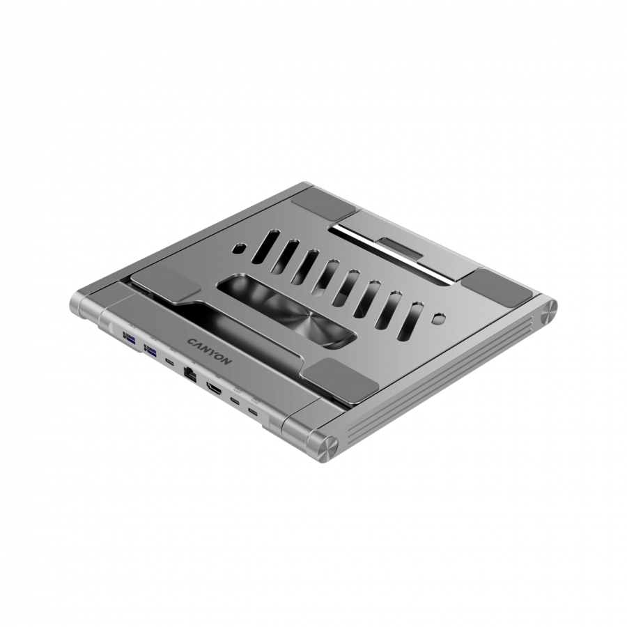 Canyon Laptop stands with hub, TYPE C F to HDMI2.0+2USB3.0+USBC3.0+RJ45+PD, TYEP C TO C cable 1m white with Emarker: HUSB332A, Material: Aluminum case+ABS+PS, Size: 245x240x27.2+/-0.3mm, Weight:1304g