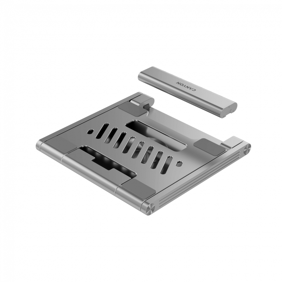 Canyon Laptop stands with hub, TYPE C F to HDMI2.0+2USB3.0+USBC3.0+RJ45+PD, TYEP C TO C cable 1m white with Emarker: HUSB332A, Material: Aluminum case+ABS+PS, Size: 245x240x27.2+/-0.3mm, Weight:1304g