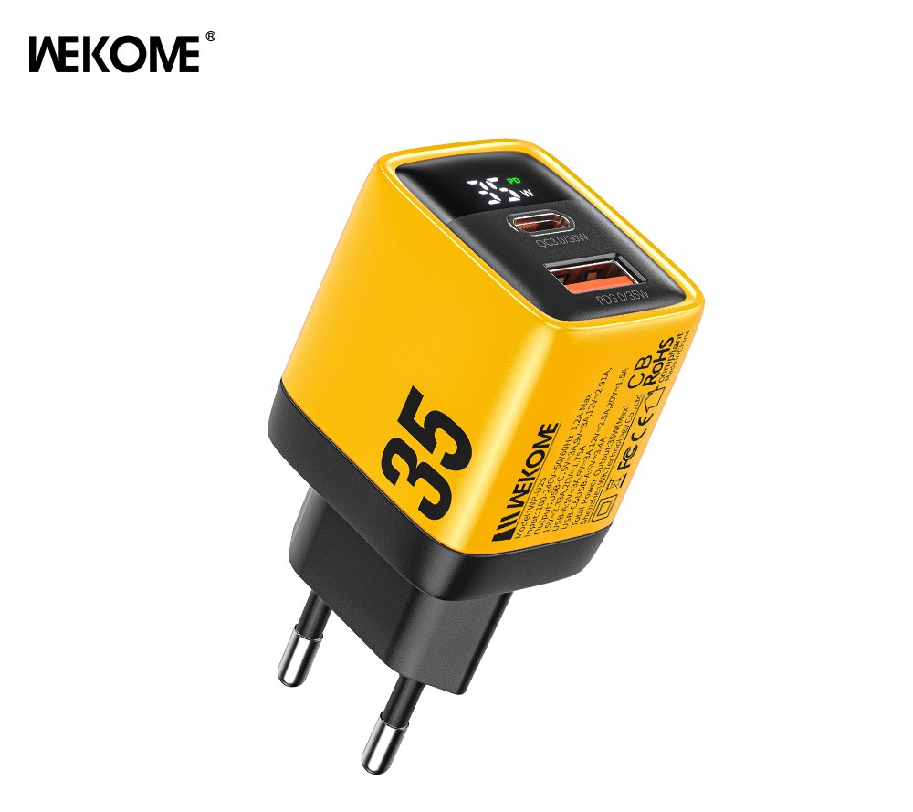 WEKOME Superbrzi Strujni GaN Punjac, 2-porta USB (3.0 i 3.1 tipC) 35W W,Display, žuti WP-U25, 561