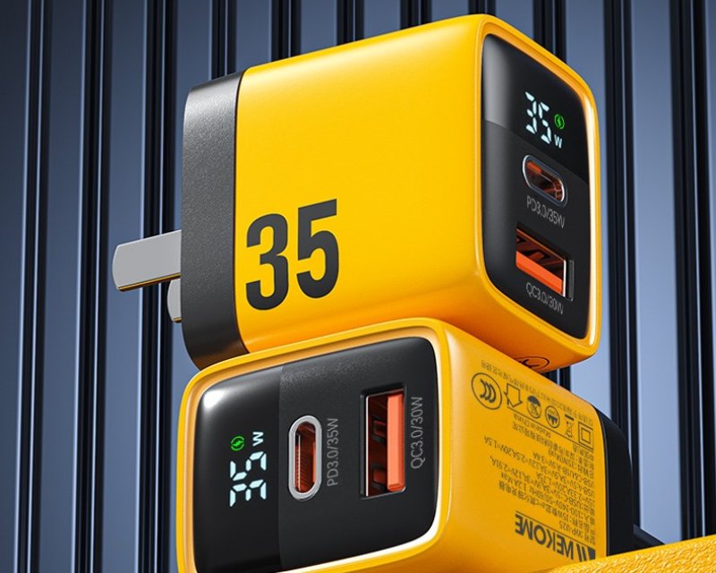 WEKOME Superbrzi Strujni GaN Punjac, 2-porta USB (3.0 i 3.1 tipC) 35W W,Display, žuti WP-U25, 561