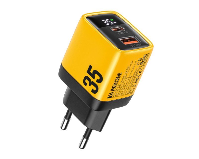 WEKOME Superbrzi Strujni GaN Punjac, 2-porta USB (3.0 i 3.1 tipC) 35W W,Display, žuti WP-U25, 561