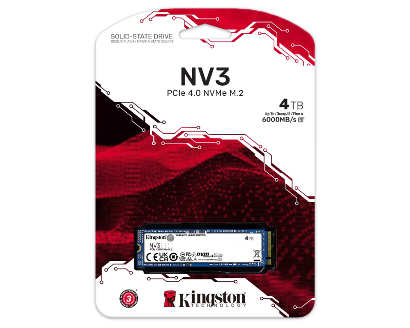 M.2 NVMe 4TB SSD, NV3, PCIe Gen 4x4, Read up to 6,000 MB/s, Write up to 5,000 MB/s, (single sided), 2280