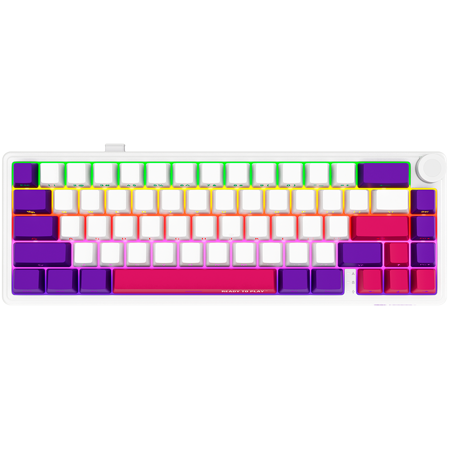 Wireless mechanical gaming keyboard Pro, 2.4 GHz, BT, RGB Backlight, 16 modes, 66 keys, 50M presses, linear Lorgar Toxic Purple switches, multimedia knob, built-in 3750 mAh battery, Hot Swap, Gasket mount, spring cable 2.3m, white red purple