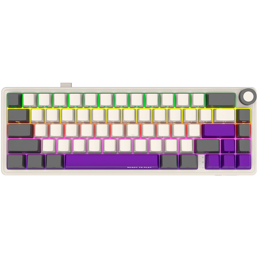 Wireless mechanical gaming keyboard Pro, 2.4 GHz, BT, RGB Backlight, 16 modes, 66 keys, 50M presses, linear Lorgar Toxic Purple switches, multimedia knob, built-in 3750 mAh battery, Hot Swap, Gasket mount, spring cable 2.3m, beige grey purple