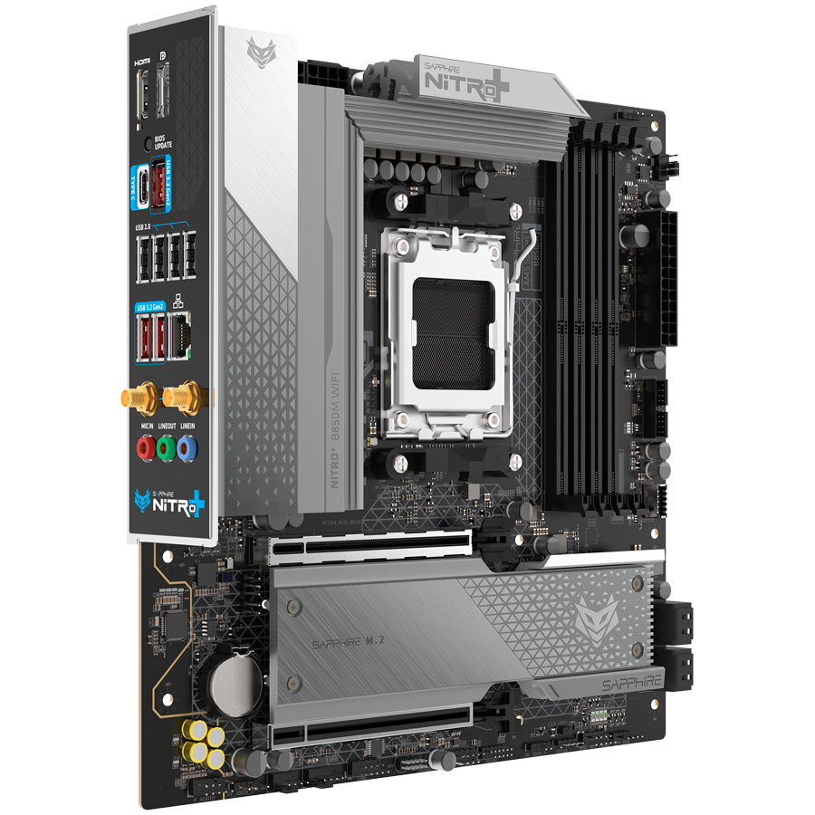 SAPPHIRE AMD B850M AM5 NITRO+ Ryzen R9/R7/R5, 4x DDR5 8000MHz, PCIE 5, 1x M.2 Gen5, 1x M.2 Gen4, LAN 2.5 Gbps, WIFI6, USB, MATX