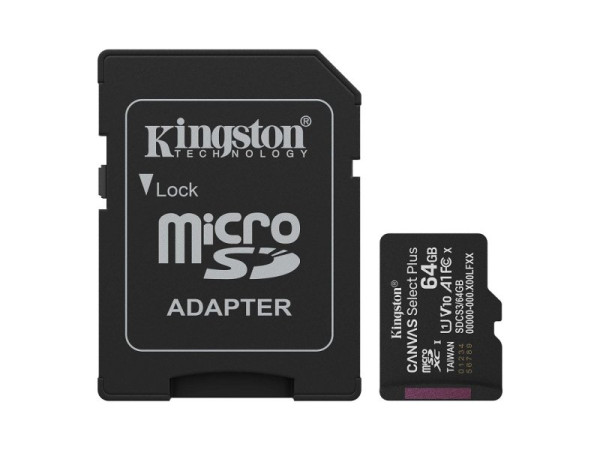 KINGSTON MicroSD 64 GB Canvas Select Plus Class 10 V10 A1 Read up to 100 MBs SDCS3 64 GB