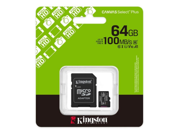 KINGSTON MicroSD 64 GB Canvas Select Plus Class 10 V10 A1 Read up to 100 MBs SDCS3 64 GB