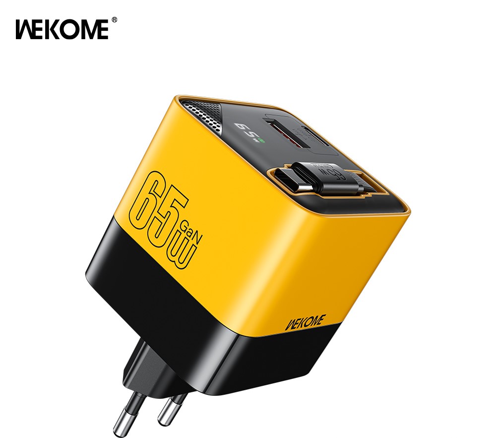 WEKOME Superbrzi Strujni GaN Punjač, 2-porta USB (3.0 i 3.1 tipC) 65W W/Display+Kabl USB 3.1 tip C 80cm, žuti WP-U39