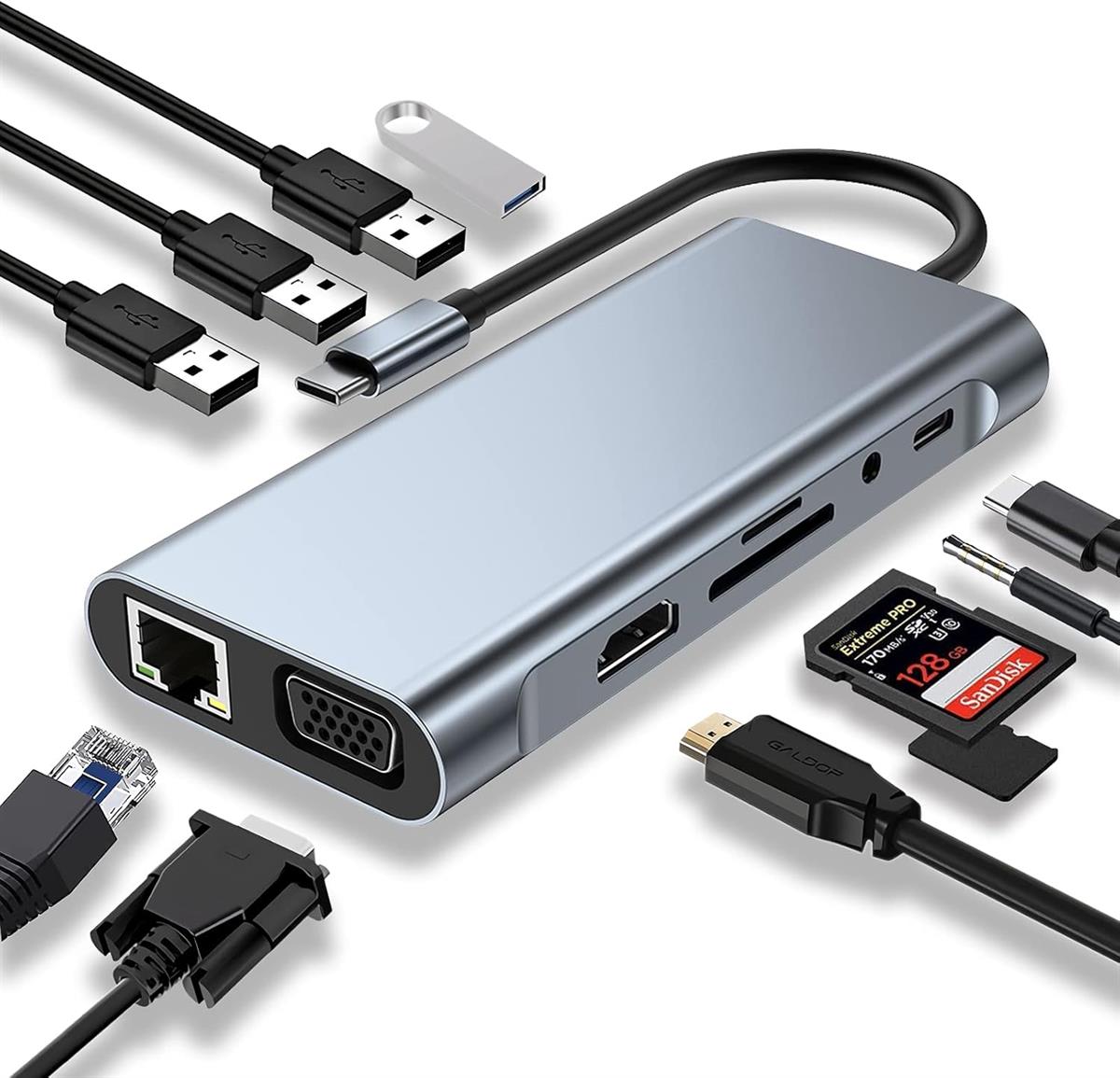 FAST ASIA TIP C HUB → HDMI, VGA, 4xUSB, SD/micro, RJ45, PD, 2xTIP C, Audio