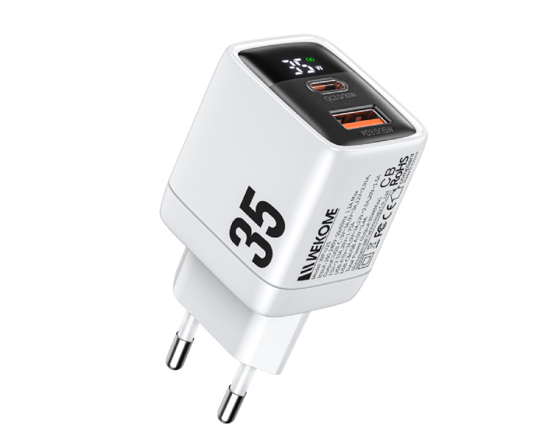 WEKOME Superbrzi Strujni GaN Punjač, 2-porta USB (3.0 i 3.1 tipC) 35W W/Display, beli WP-U25