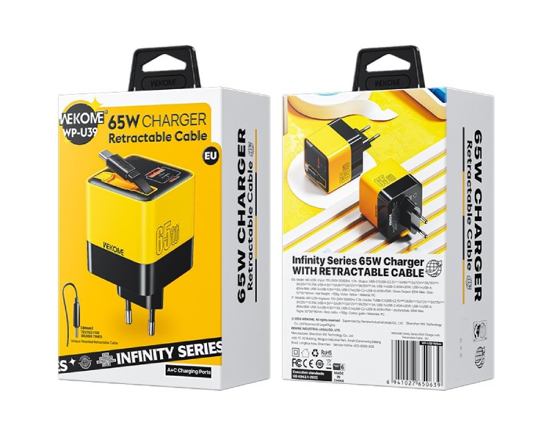 WEKOME Superbrzi Strujni GaN Punjač, 2-porta USB (3.0 i 3.1 tipC) 65W W/Display+Kabl USB 3.1 tip C 80cm, žuti WP-U39
