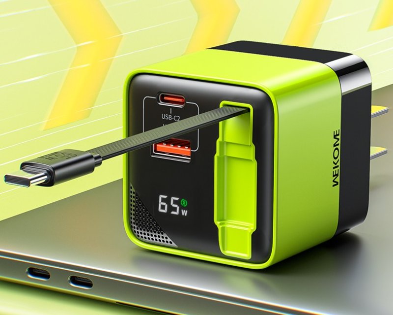 WEKOME Superbrzi Strujni GaN Punjač, 2-porta USB (3.0 i 3.1 tipC) 65W W/Display+Kabl USB 3.1 tip C 80cm, žuti WP-U39
