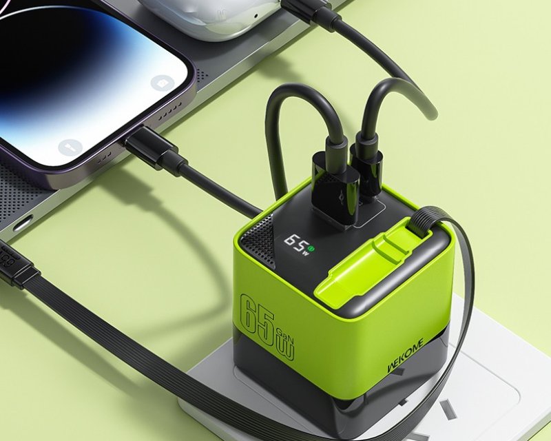 WEKOME Superbrzi Strujni GaN Punjač, 2-porta USB (3.0 i 3.1 tipC) 65W W/Display+Kabl USB 3.1 tip C 80cm, žuti WP-U39