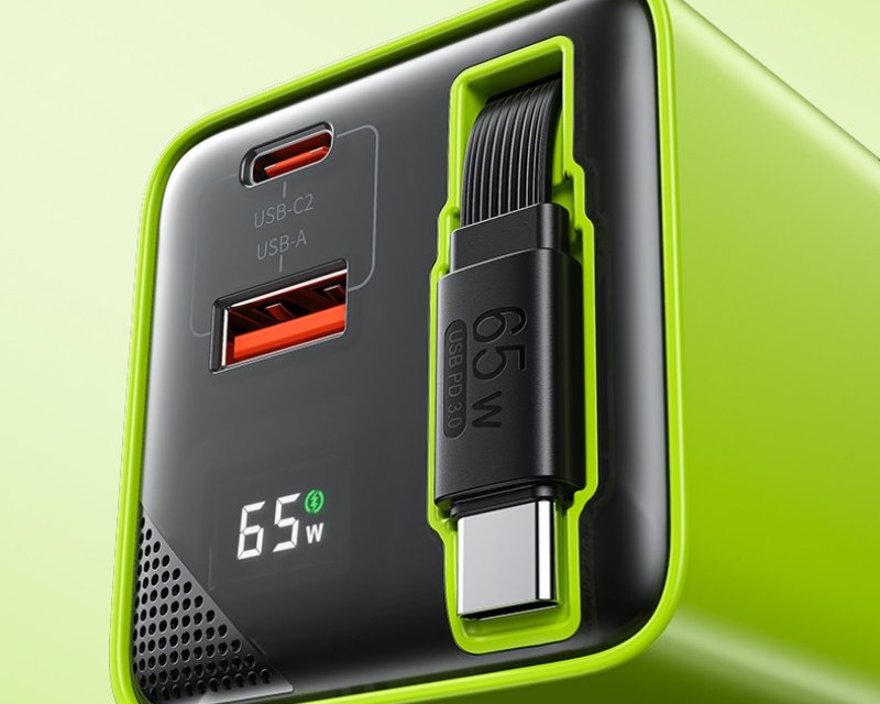 WEKOME Superbrzi Strujni GaN Punjač, 2-porta USB (3.0 i 3.1 tipC) 65W W/Display+Kabl USB 3.1 tip C 80cm, žuti WP-U39