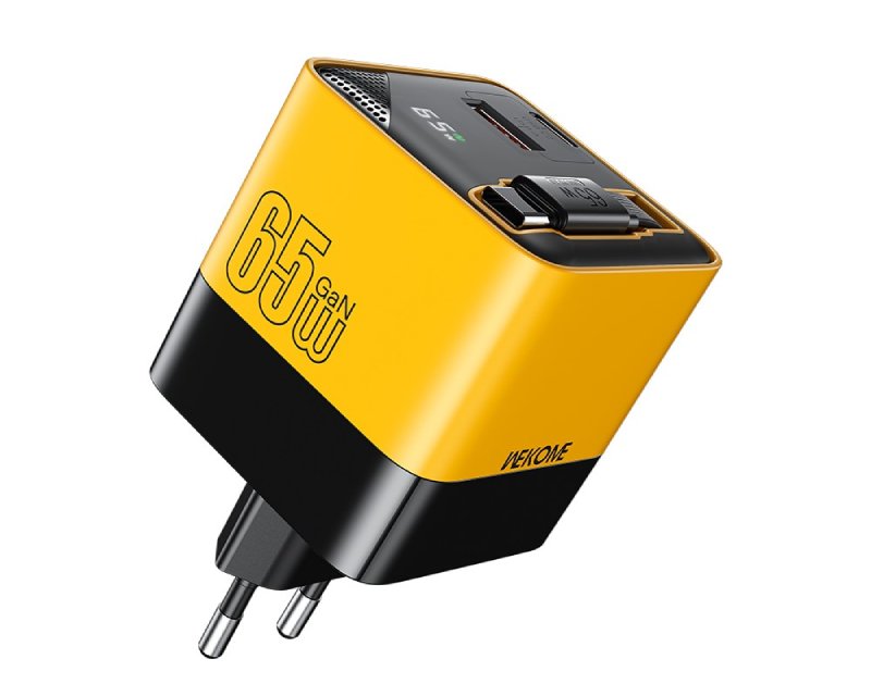 WEKOME Superbrzi Strujni GaN Punjač, 2-porta USB (3.0 i 3.1 tipC) 65W W/Display+Kabl USB 3.1 tip C 80cm, žuti WP-U39