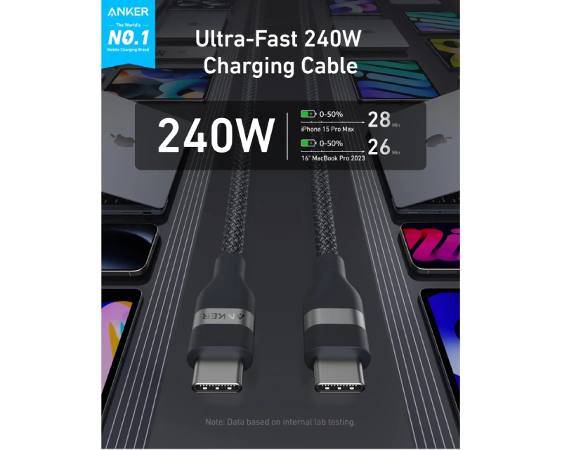 ANKER USB tip-C kabl M/M 0.9m, za Super brzo punjenje 240W/480Mbps, pleteni, crni
