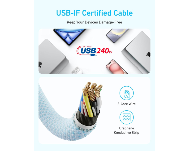 ANKER Zolo USB tip-C kabl M/M 1.8m, za Apple, super brzo punjenje 240W/480Mbps, pleteni, crni