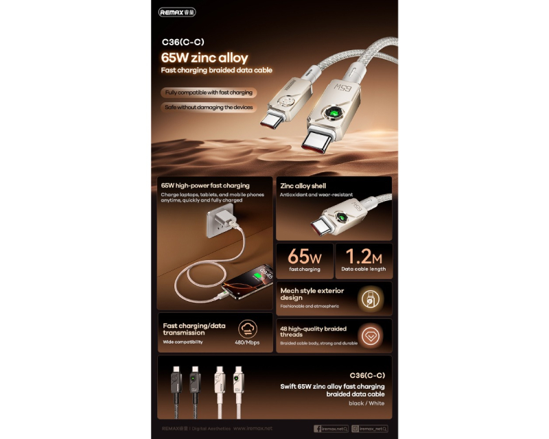 REMAX Kabl Swift Fast charging braided data cable 1.2M C36 65W(C-C) beli