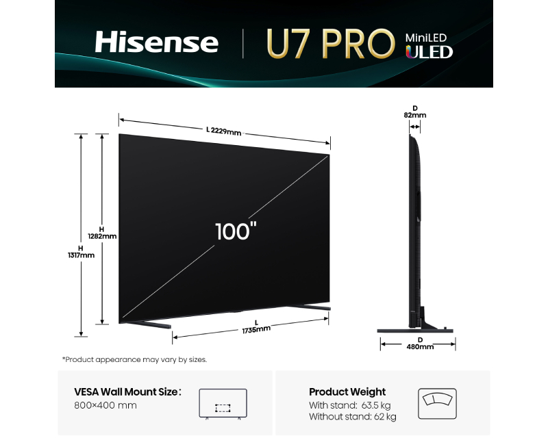 Hisense Televizor 100U7Q PRO, 100", Mini-LED, 4K UHD Smart TV