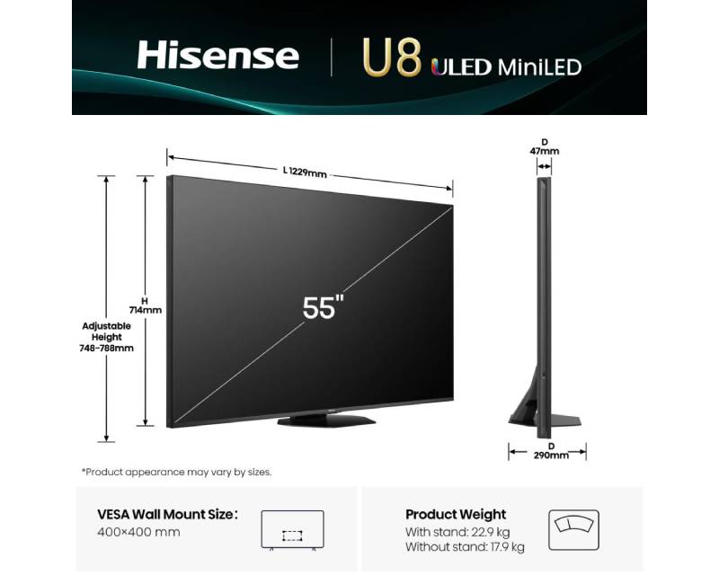 Hisense Televizor 55U8Q, 55", ULED Mini-LED, 4K UHD Smart TV